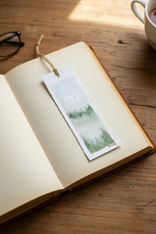 Hand-Painted Woodland Bookmark – Green Forest Watercolour Bookmark
