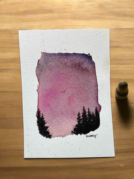 Dusk in the Pines – Original Watercolour Painting | 8x6”
