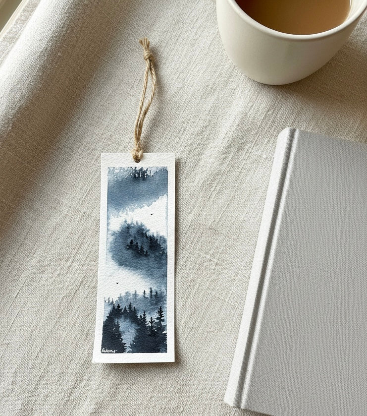 Hand-Painted Forest Bookmark – Blue Woodland Watercolour Art