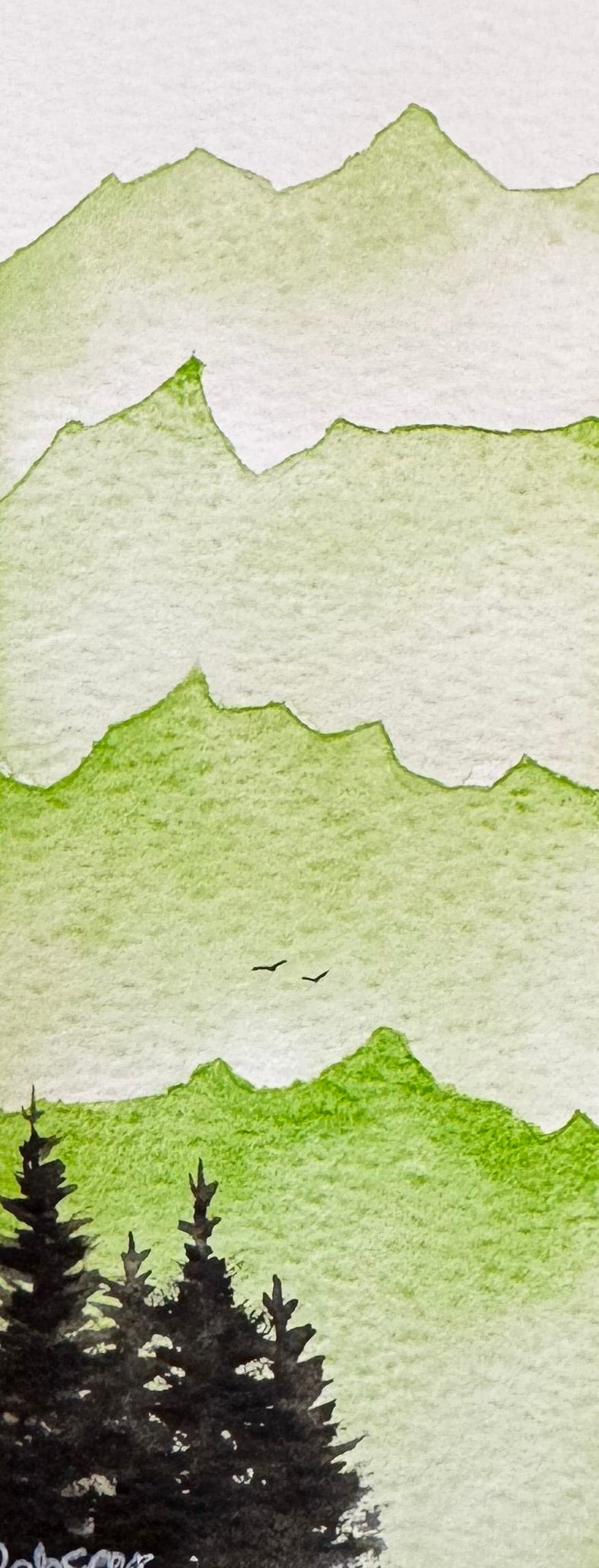 Green Mountain Bookmark – Layered Landscape Watercolour Art