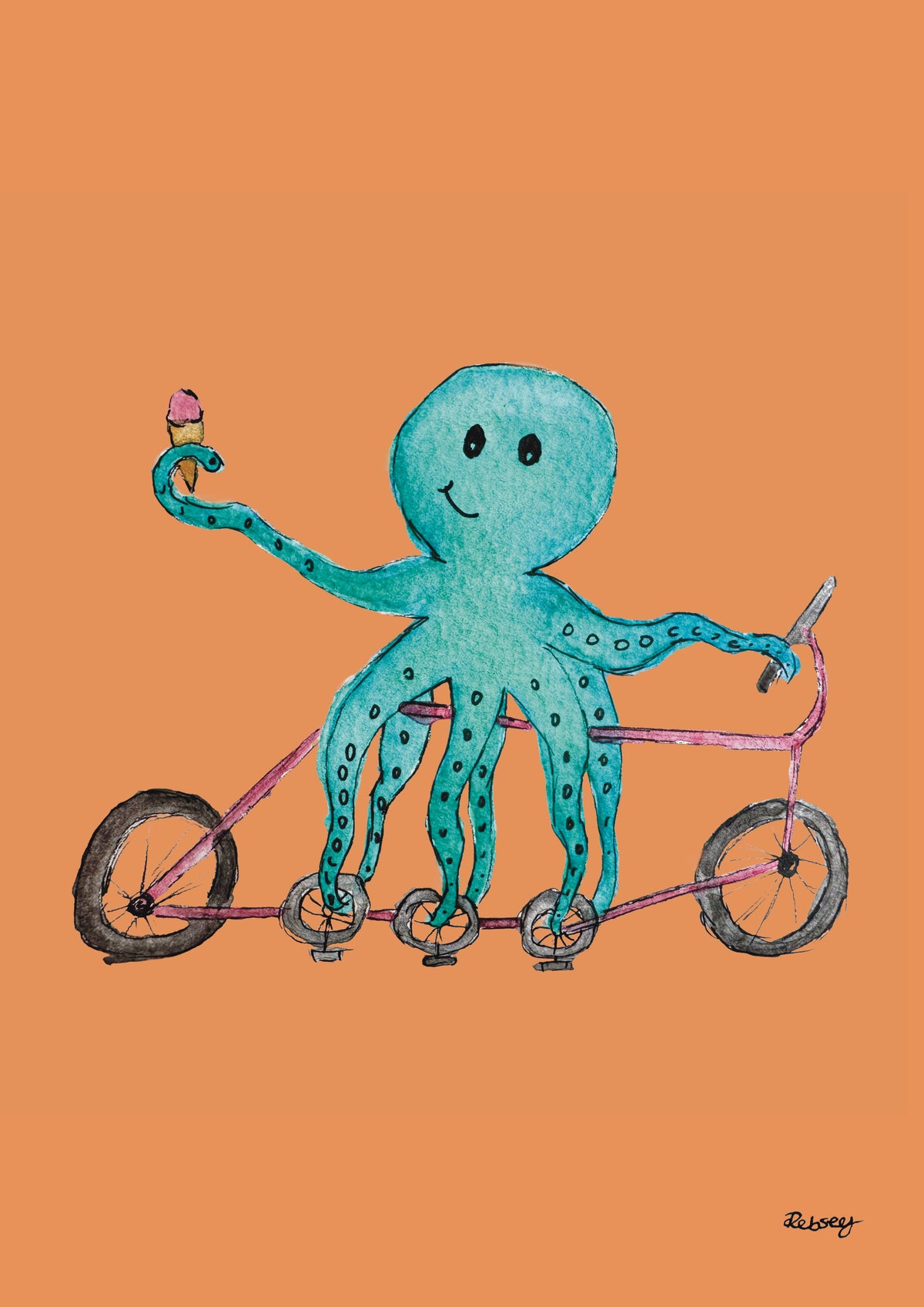 Pedalpus Octopus on a Bicycle | Illustrated A4 Art Print in A3 Mount