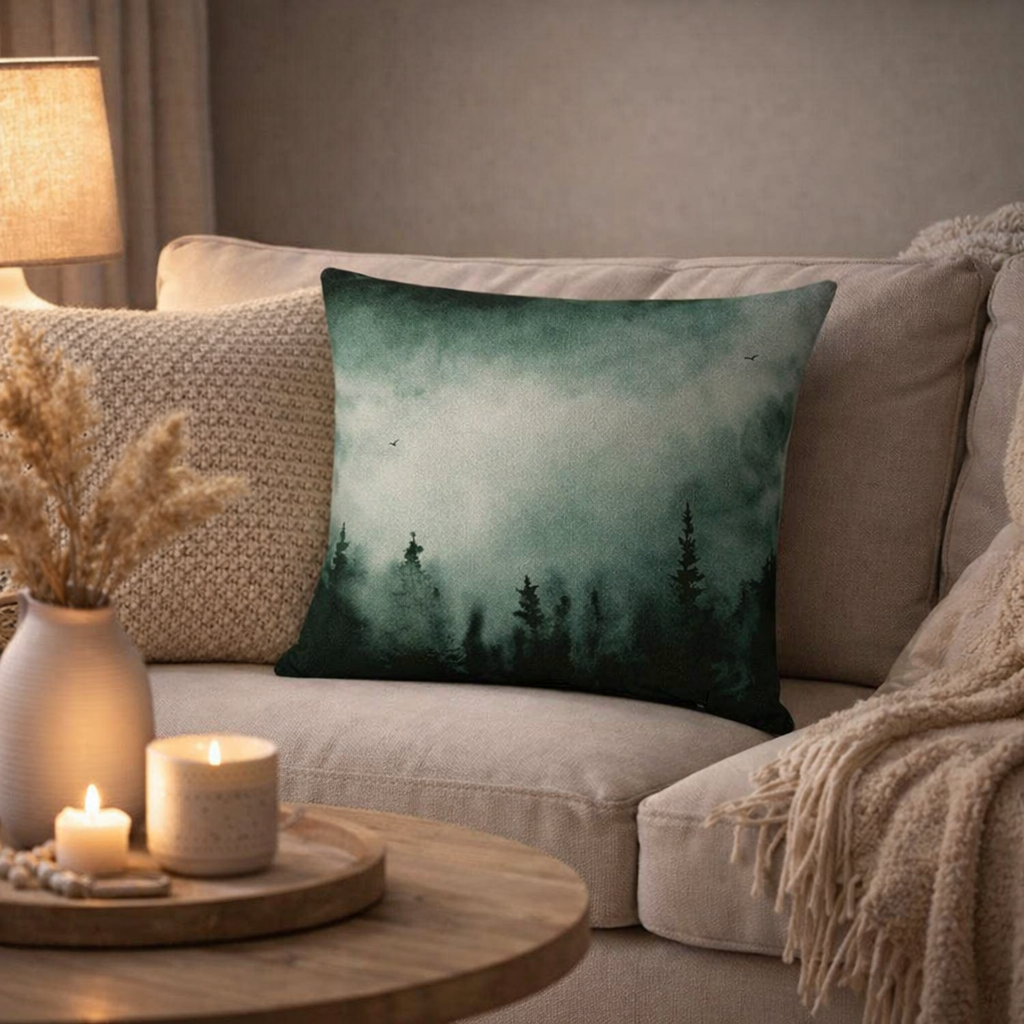 Emerald Veil Cushion | Deep Green Forest Art Cushion, Nature Home Accent