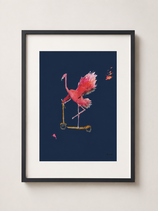 Let’s ’minGO! Flamingo on Scooter Cushion | Illustrated A4 Art Print in A3 Mount