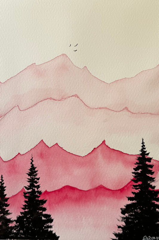Rose Tinted Peaks | Sustainable Art Greeting Card | Recycled A6 | Nature-Inspired Illustration