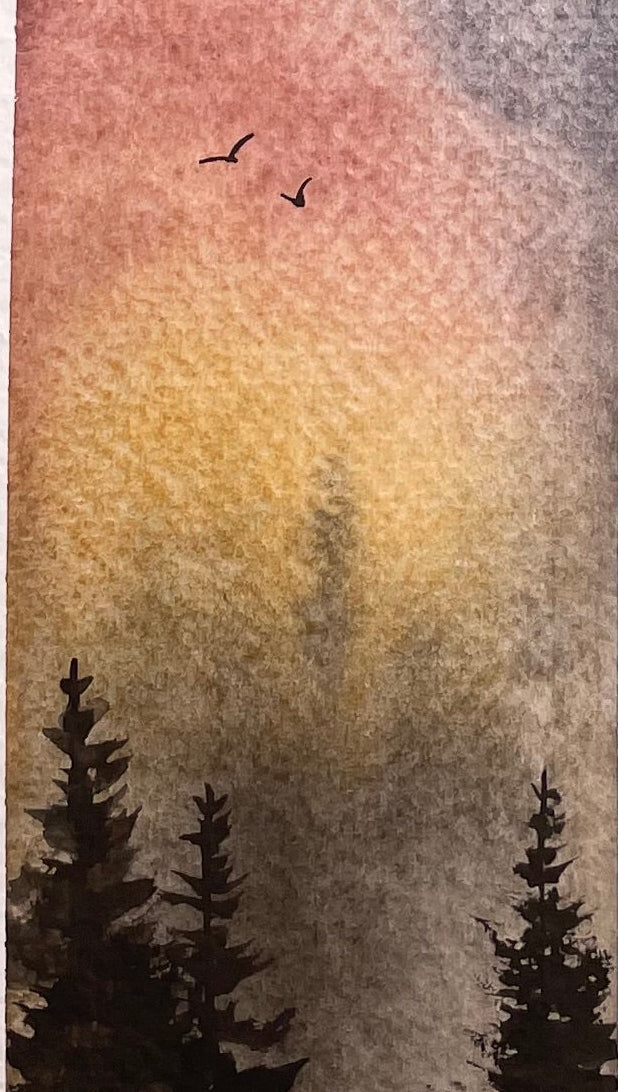 Sunset Forest Bookmark – Warm Sky Watercolour Art