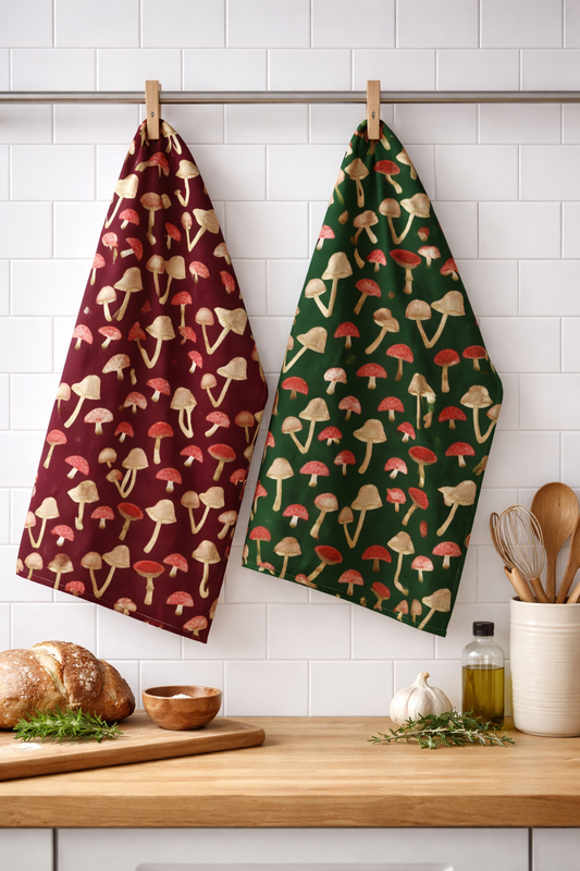 So Mush Love Tea Towel – Art-Led Mushroom Cotton Linen Kitchen Towel (Burgundy or Green)