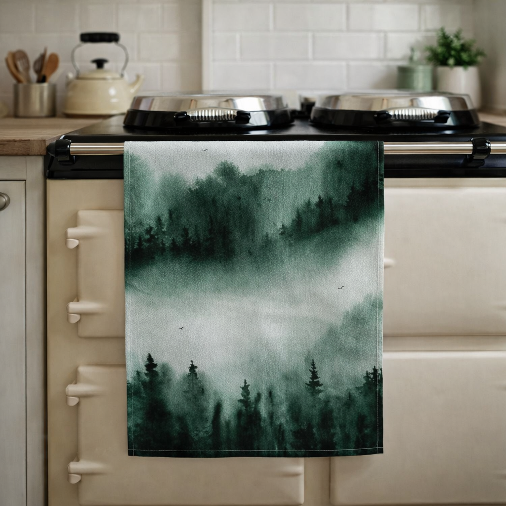 Emerald Veil Tea Towel – Lush Green Watercolour Cotton Kitchen Tea Towel