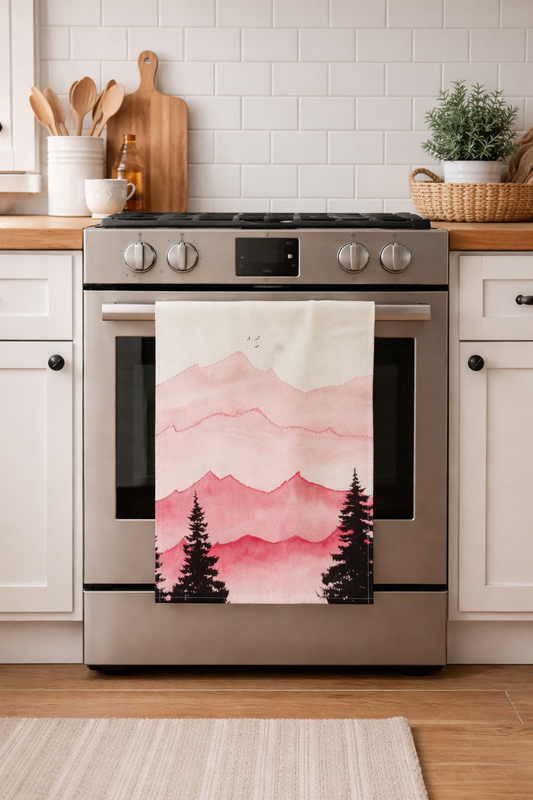 Rose Tinted Peaks Tea Towel – Sunset Mountain Watercolour Cotton Kitchen Towel