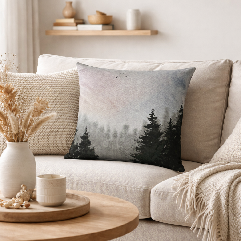 Murmurs of the Morning Cushion | Soft Nature Art Cushion, Peaceful Landscape Decor