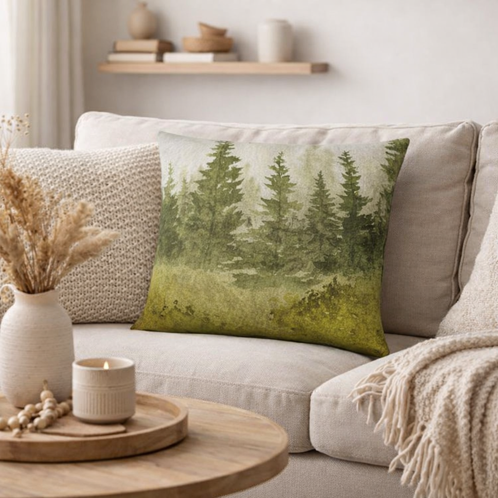 The Pines Beyond the Meadow Cushion | Scenic Landscape Art Cushion, Nature Decor