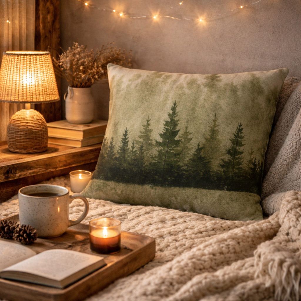 Whispering Reflections Cushion | Watercolour Landscape Accent Cushion, Quiet Decor