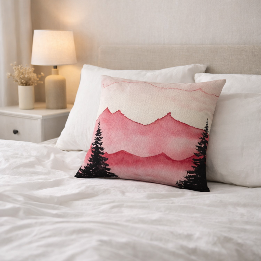 Rose-Tinted Peaks Cushion | Mountain Landscape Art Cushion, Warm Nature Decor