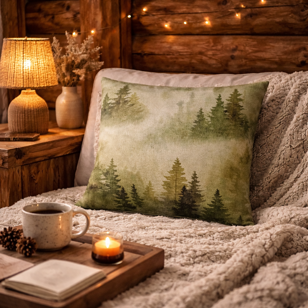 Evergreen Dreams Cushion | Woodland Watercolour Art Cushion, Eco Home Decor