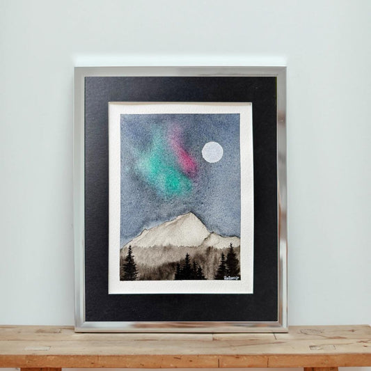 Northern Light Over Still Peaks | Original Watercolour Painting | 8x6”