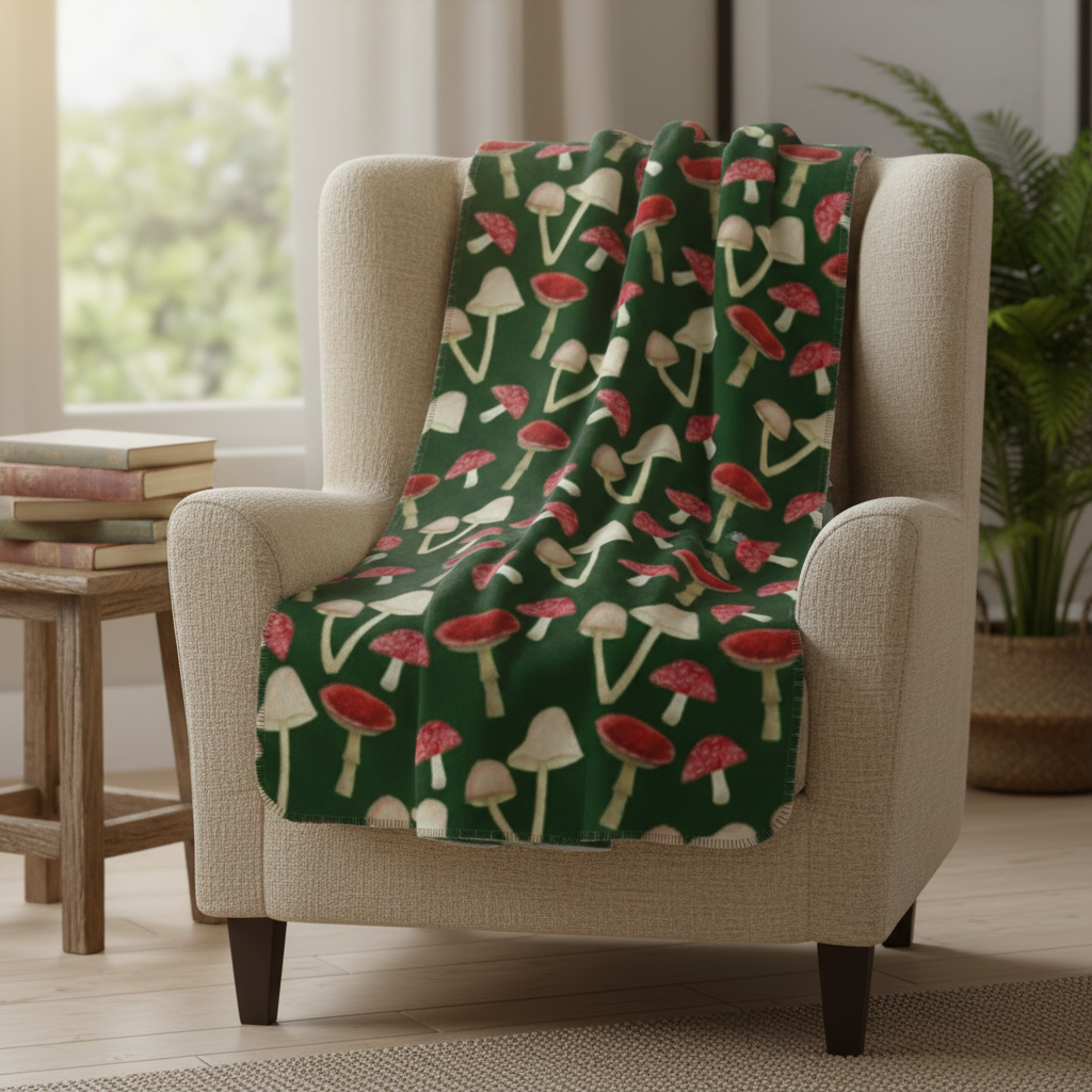 ‘Mushrooms’ Blanket – Woodland Fungi Illustration | Nature Inspired Warm Blanket