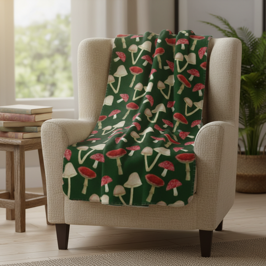 ‘Mushrooms’ Blanket – Woodland Fungi Illustration | Nature Inspired Warm Blanket