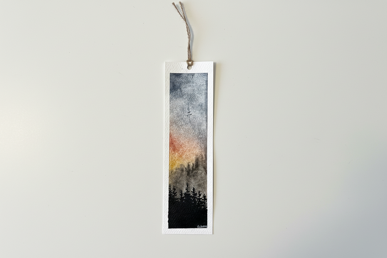 Sunset Forest Bookmark – Warm Sky Watercolour Art