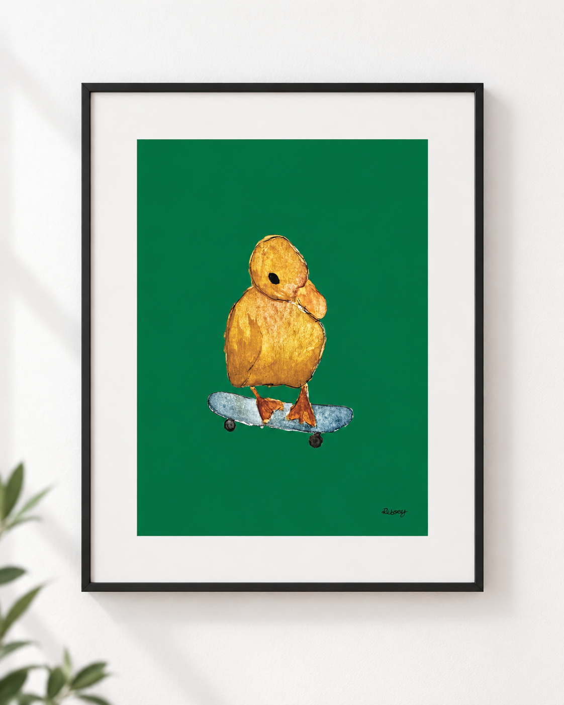 Wheely Quackers Duckling on a Skateboard | Illustrated A4 Art Print in A3 Mount