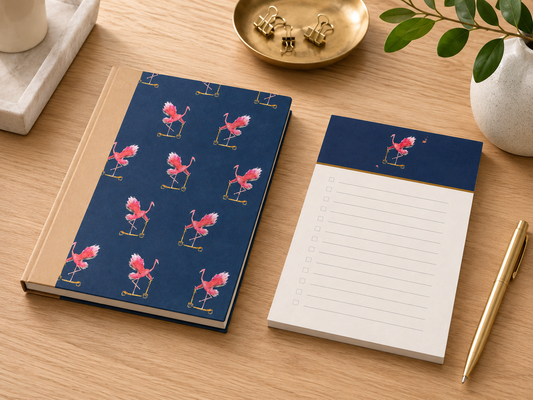 Let’s ’minGO! A6 To-Do Notepad | Flamingo on Scooter Art Inspired | Recycled Paper Checklist Pad