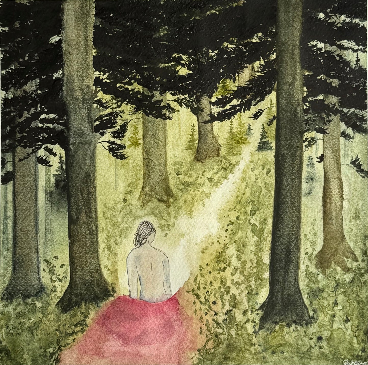 She Walks the Quiet Path | Original Woodland Watercolour Painting (12x12”)