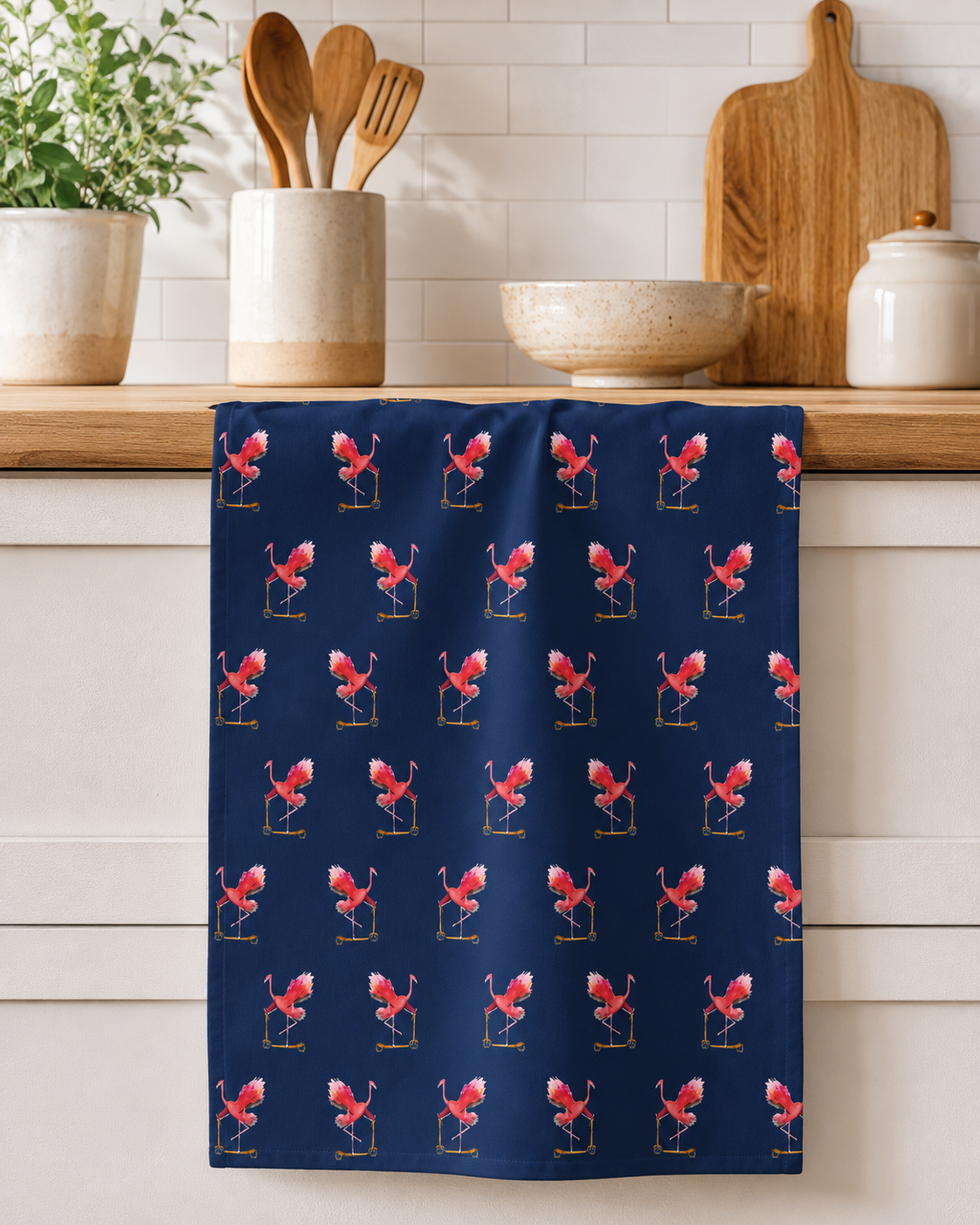 Let’s ’minGO! Tea Towel – Flamingo on Scooter Art-Led Cotton Kitchen Towel