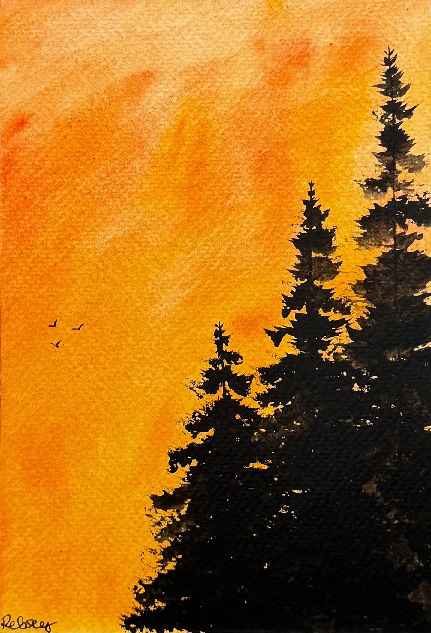 Embers in the Pines - Original Watercolour Painting | 8x6” Artwork in A4 Mount | Eco-Friendly | Optional Frame