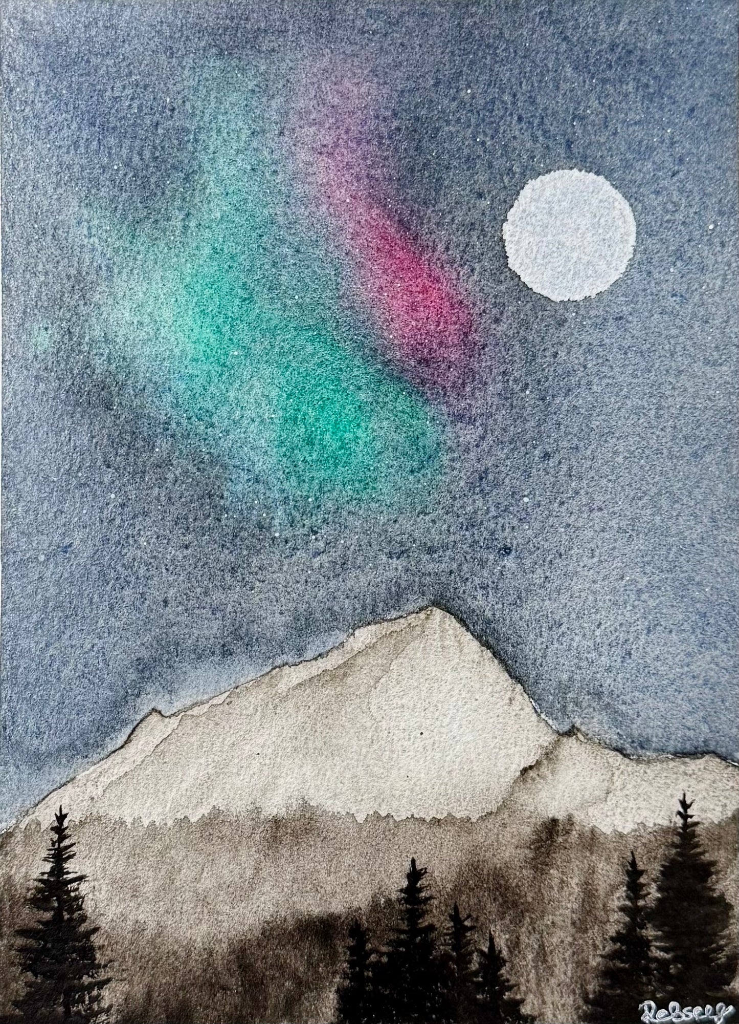 Northern Light Over Still Peaks | Original Watercolour Painting | 8x6”