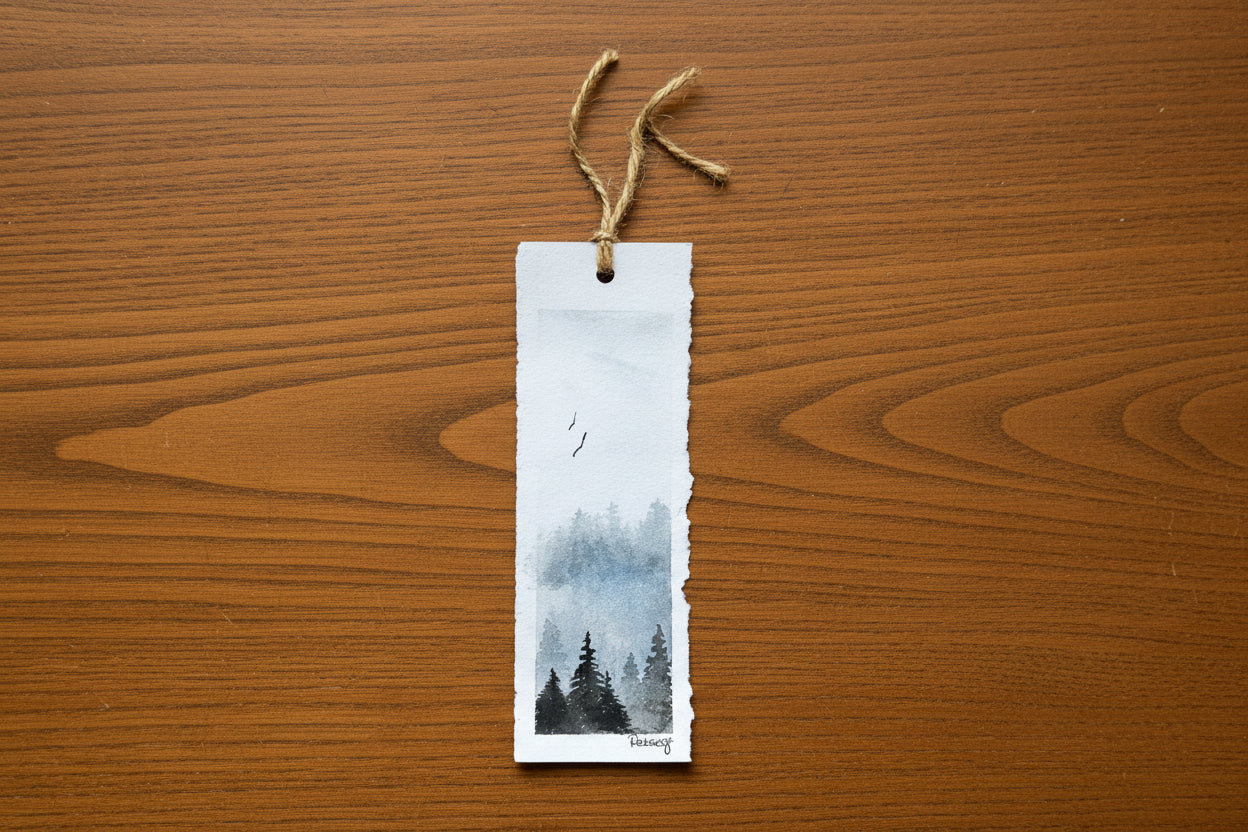 Hand-Painted Forest Bookmark – Blue Woodland Watercolour Art