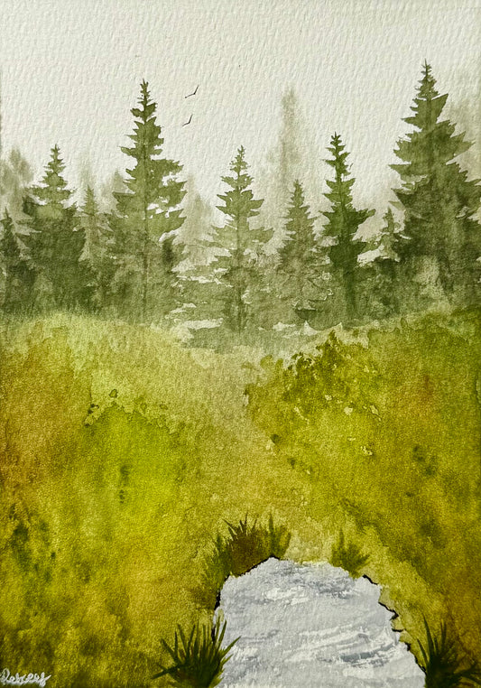 Pines Beyond the Meadow | Sustainable Art Greeting Card | Recycled A6 | Nature-Inspired Illustration