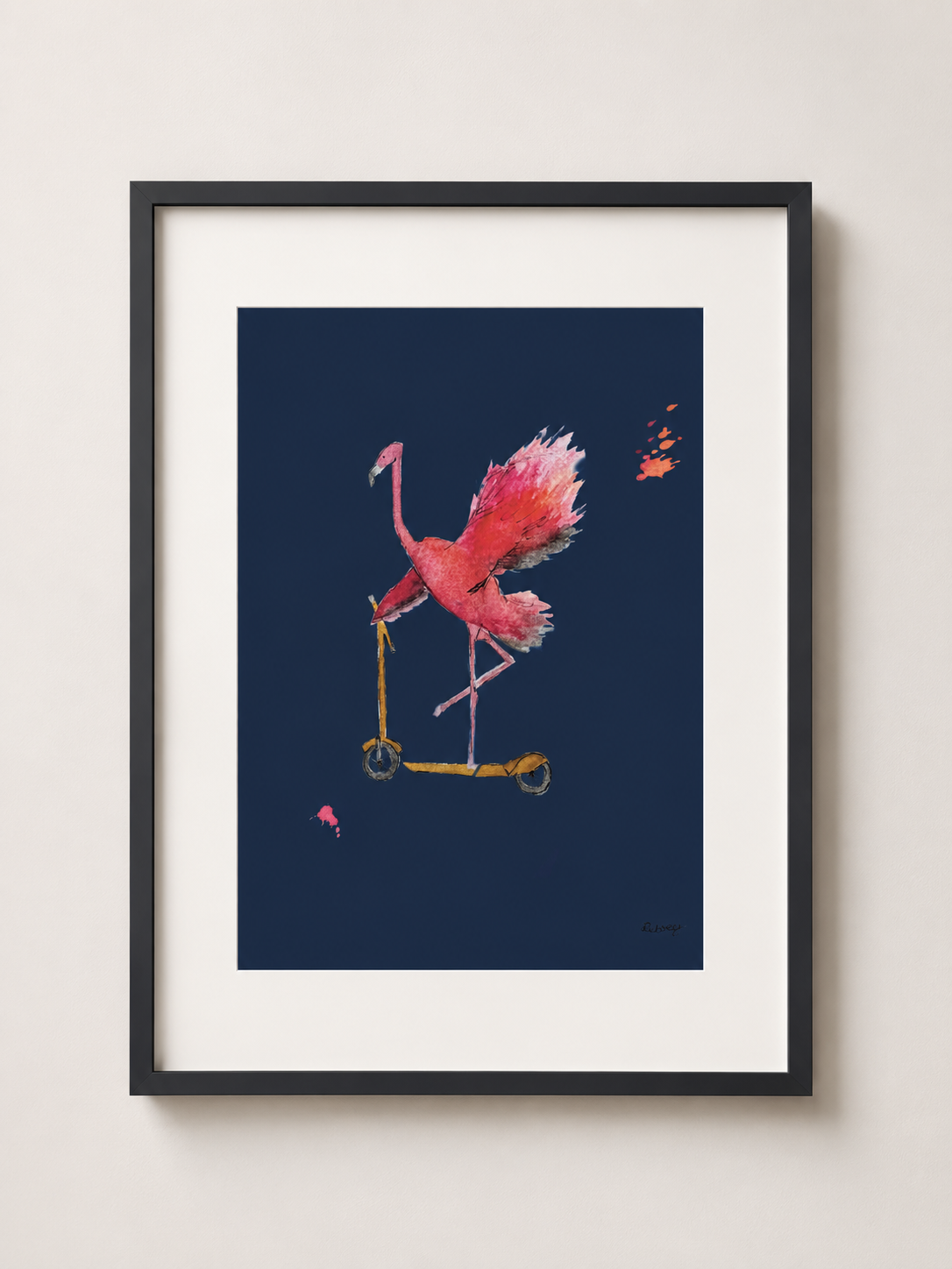 Let’s ’minGO! Flamingo on Scooter Cushion | Illustrated A4 Art Print in A3 Mount