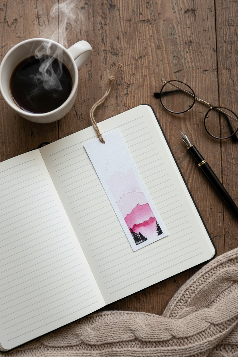 Pink Mountain Bookmark – Sunset Watercolour Landscape Art