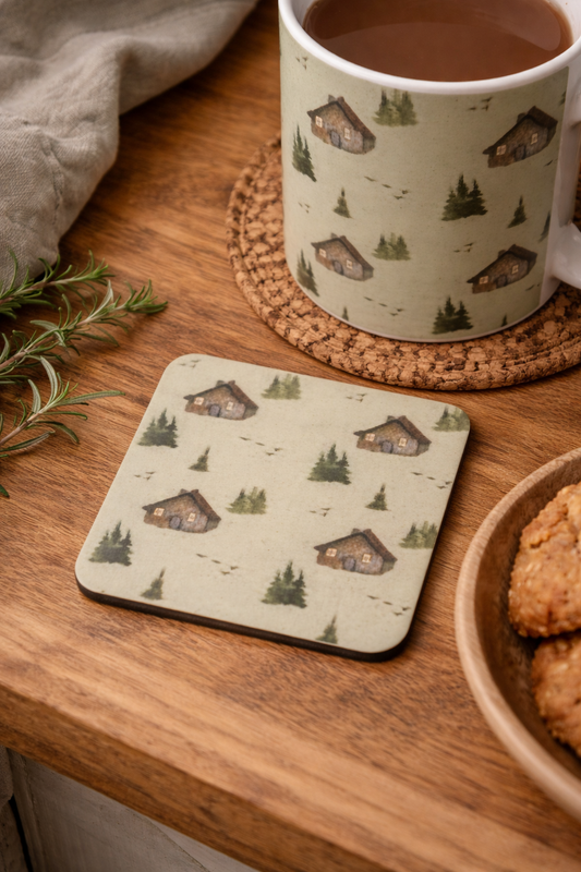 ‘A Home That Waits’ Coaster – Cottage Illustration | Nature Inspired Cork Coaster