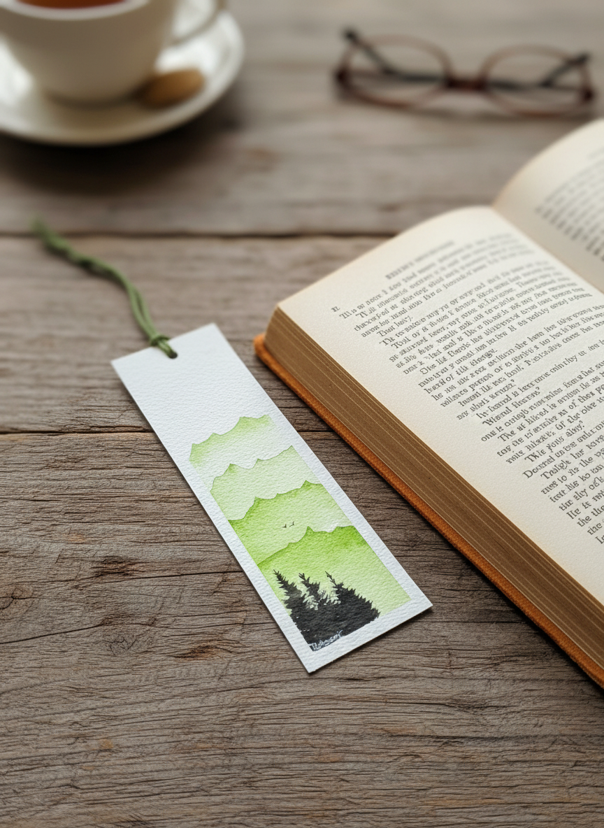 Green Mountain Bookmark – Layered Landscape Watercolour Art