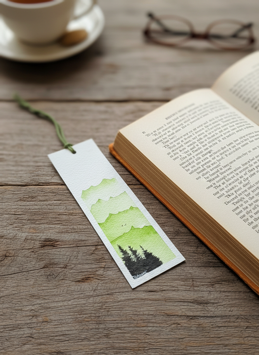 Green Mountain Bookmark – Layered Landscape Watercolour Art