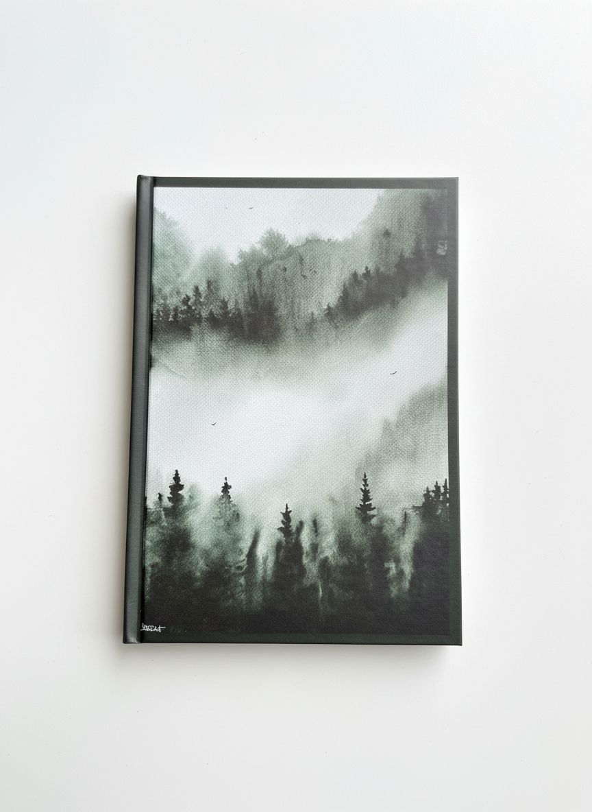 Emerald Veil A5 Hardback Notebook | Moody Pine Forest Journal | Mist & Woodland Art Notebook