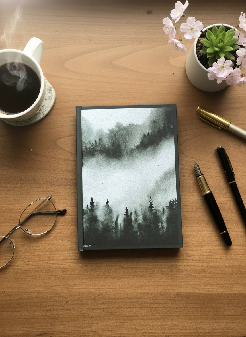Emerald Veil A5 Hardback Notebook | Moody Pine Forest Journal | Mist & Woodland Art Notebook