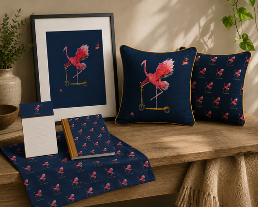 Let’s ’minGO! Flamingo on Scooter Cushion | Illustrated A4 Art Print in A3 Mount