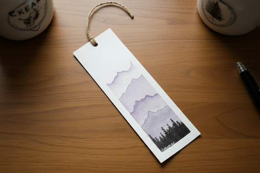 Hand-Painted Mountain Bookmark – Lavender Peak Watercolour Bookmark, Nature Art