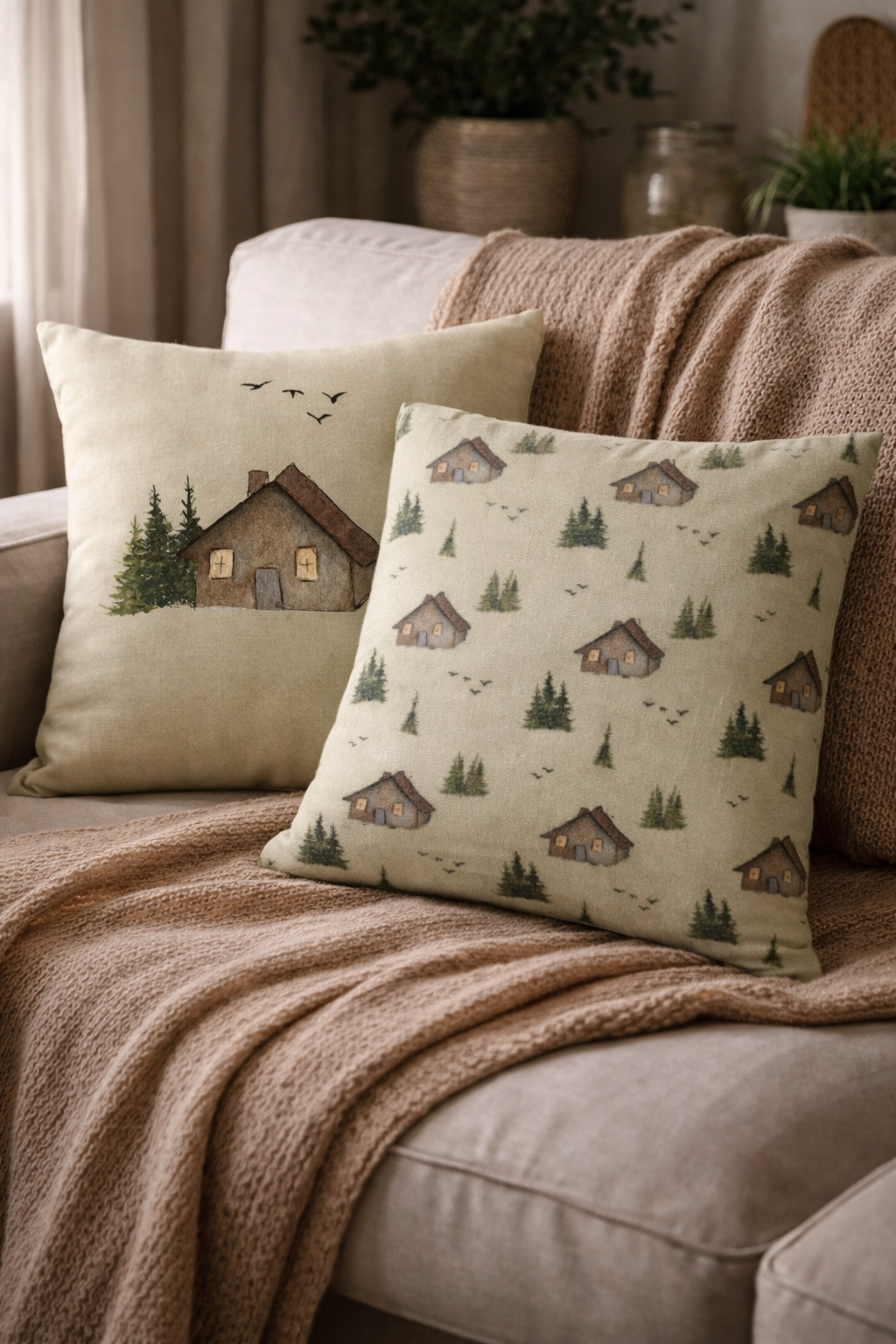 A Home That Waits Cottage Cushion | Illustrated Cotton Cushion (40 × 40 cm)