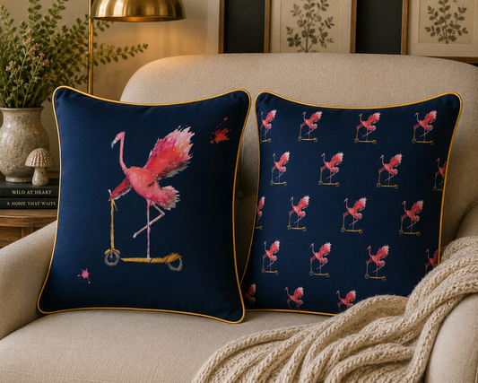 Let’s ’minGO! Flamingo on Scooter Cushion | Illustrated Cotton Cushion (40 × 40 cm)
