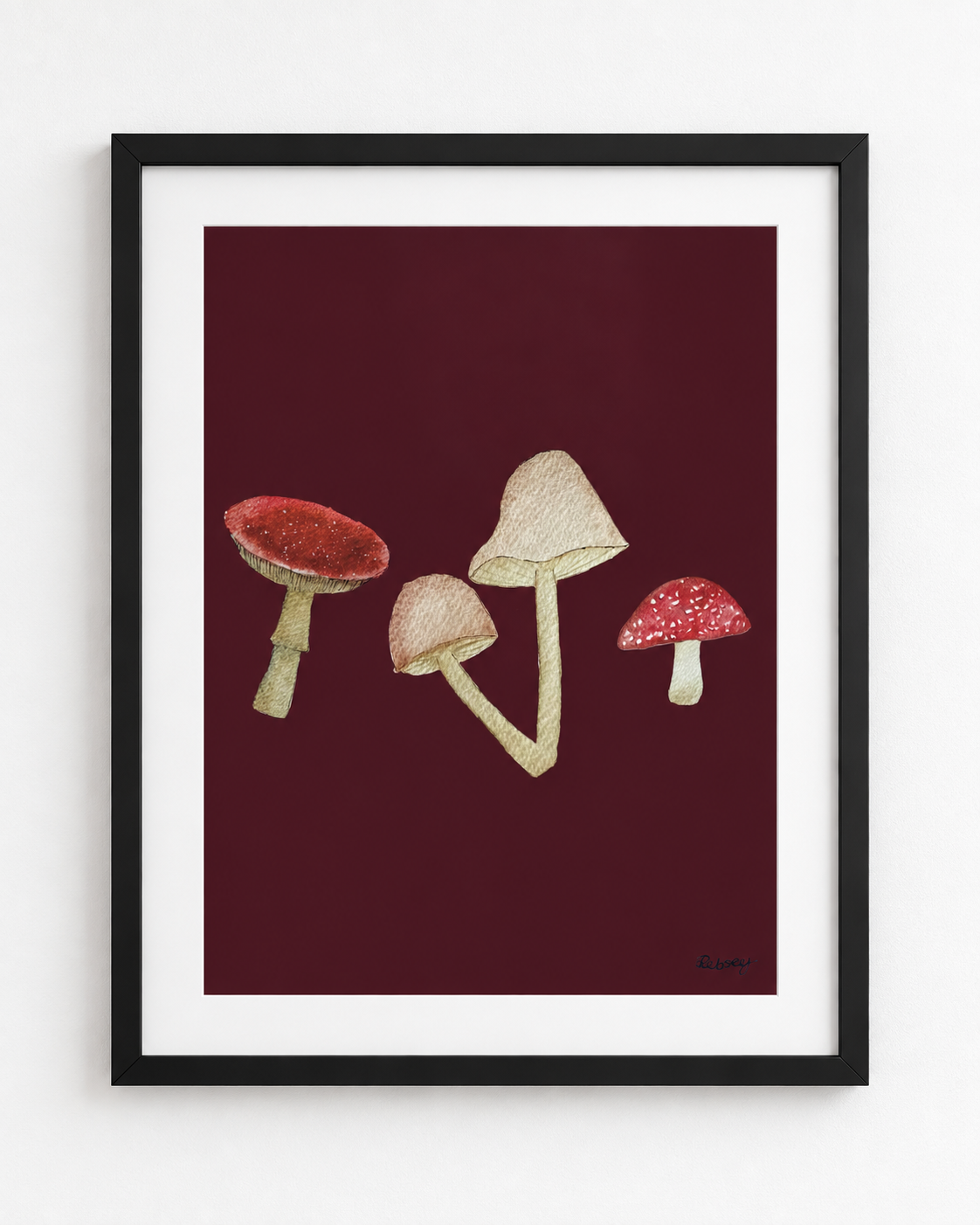 So Mush Love Burgundy Red Mushroom Pattern | Illustrated A4 Art Print in A3 Mount