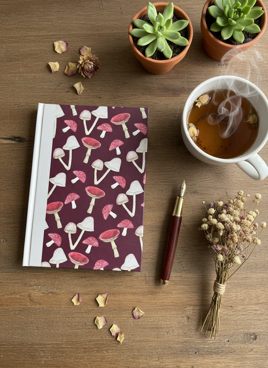 Mushrooms A5 Hardback Notebook | Woodland Pattern Journal | Cottagecore Mushroom Stationery