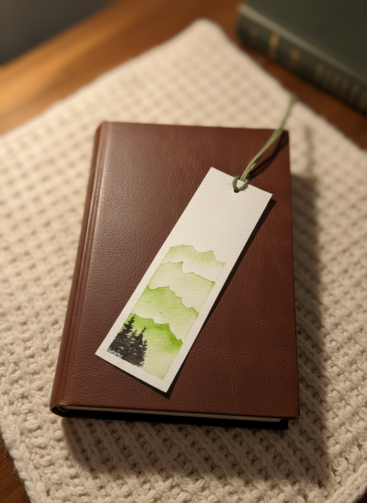 Green Mountain Bookmark – Layered Landscape Watercolour Art