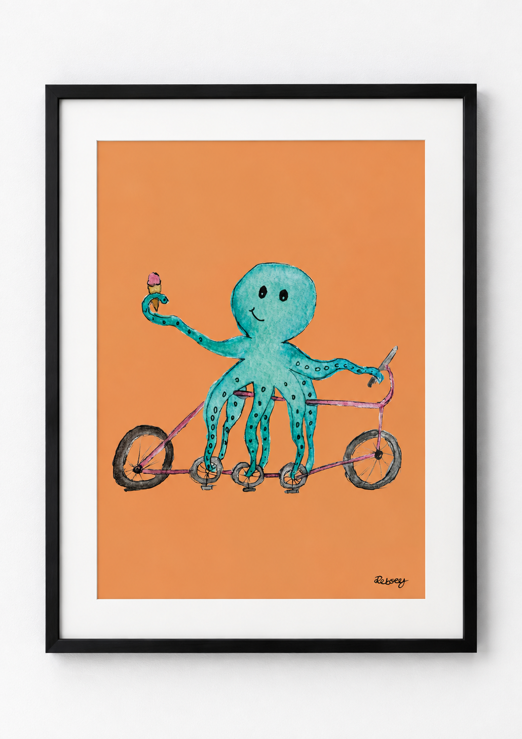 Pedalpus Octopus on a Bicycle | Illustrated A4 Art Print in A3 Mount