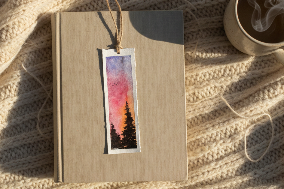 Winter Forest Bookmark – Twilight Pine Watercolour Art