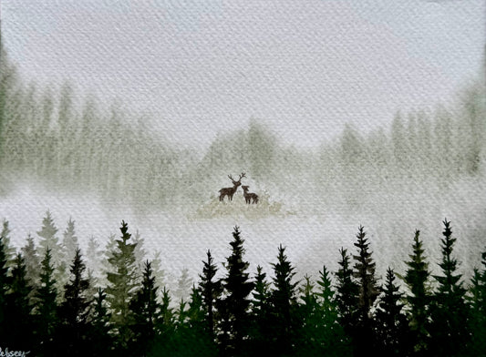 Deer Woodland Watercolour | Framed Forest Art | The Quiet Meeting | 8x6 inches - Framed