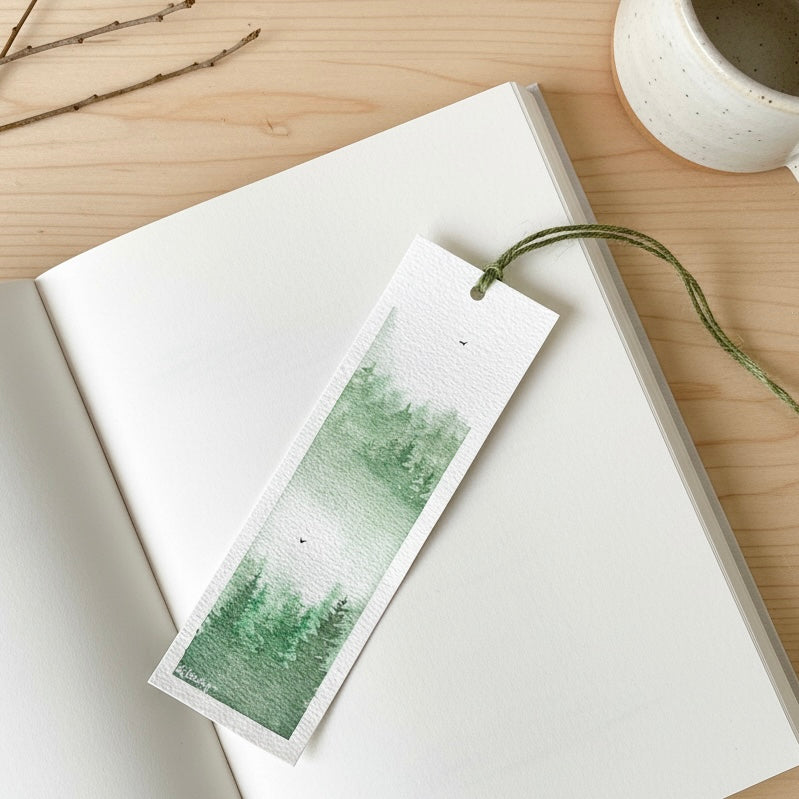 Hand-Painted Woodland Bookmark – Green Forest Watercolour Bookmark