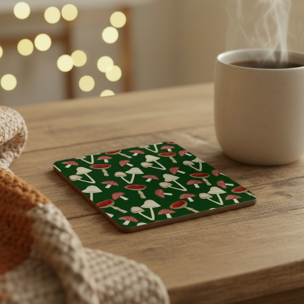 ‘Mushrooms’ Coaster – Woodland Fungi Illustration | Nature Inspired Cork Coaster