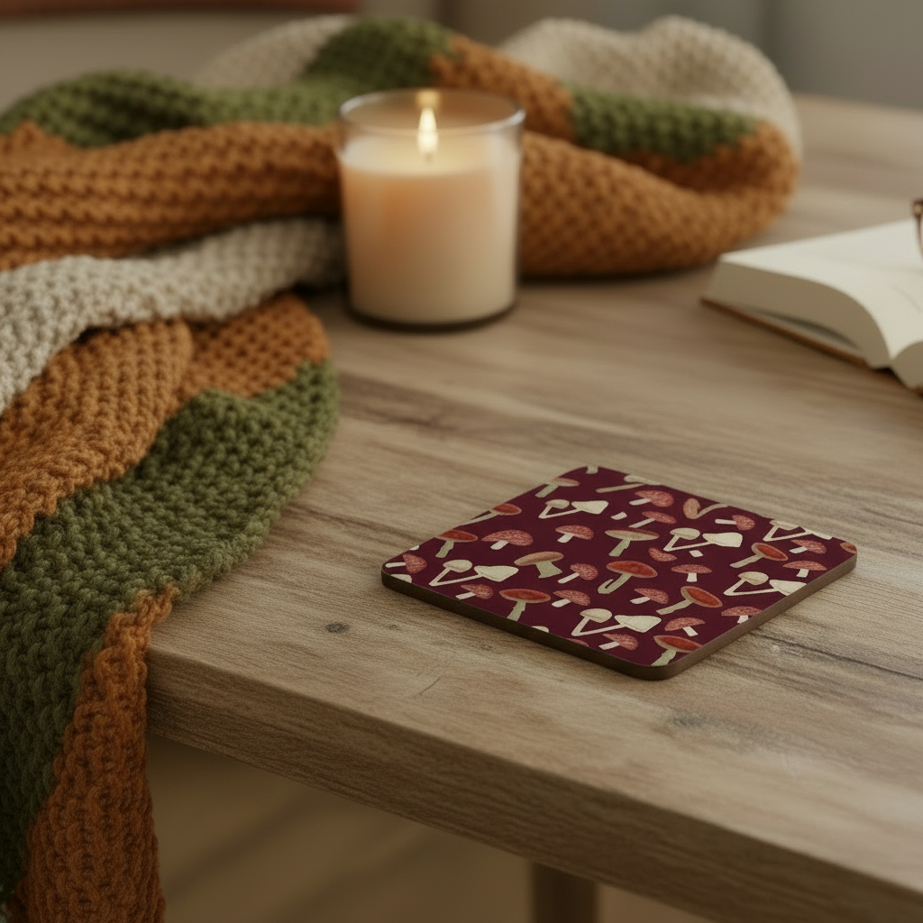 ‘Mushrooms’ Coaster – Woodland Fungi Illustration | Nature Inspired Cork Coaster