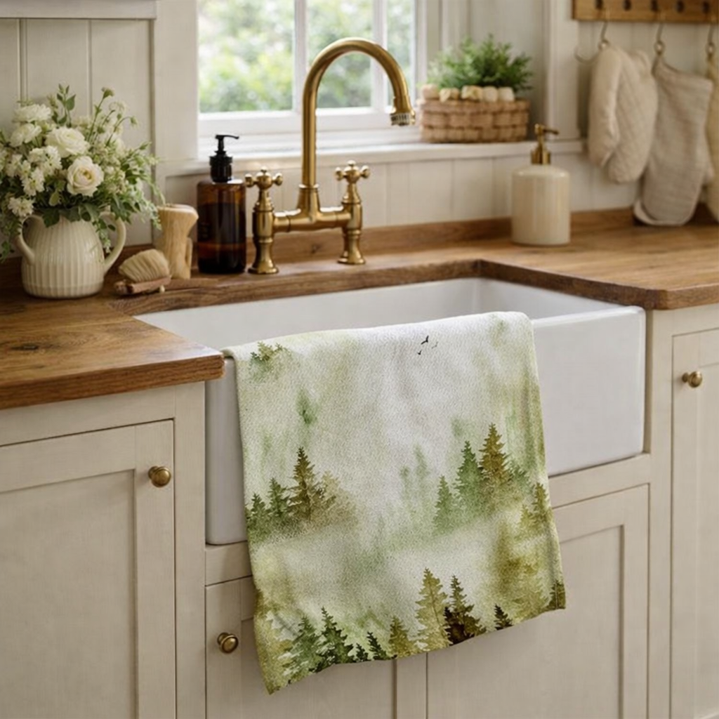 Evergreen Dreams Tea Towel – Misty Woodland Watercolour Kitchen Towel